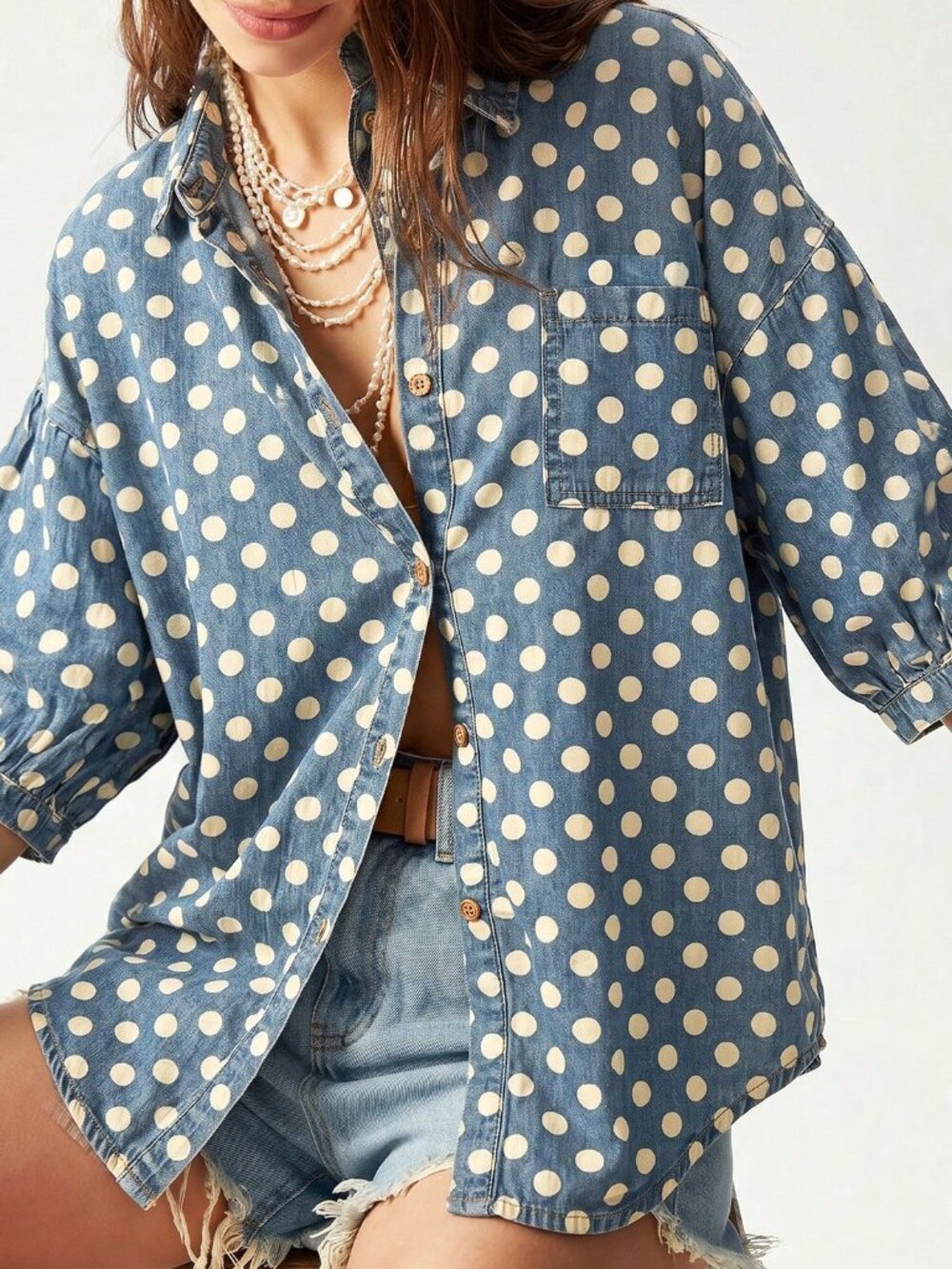 Blue Casual Women's S Denim Loose Fit Short Sleeve Blouse